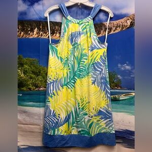 Mud Pie Womens Halter Midi Shift Dress Leaf Print Neck Tie Pullover Small